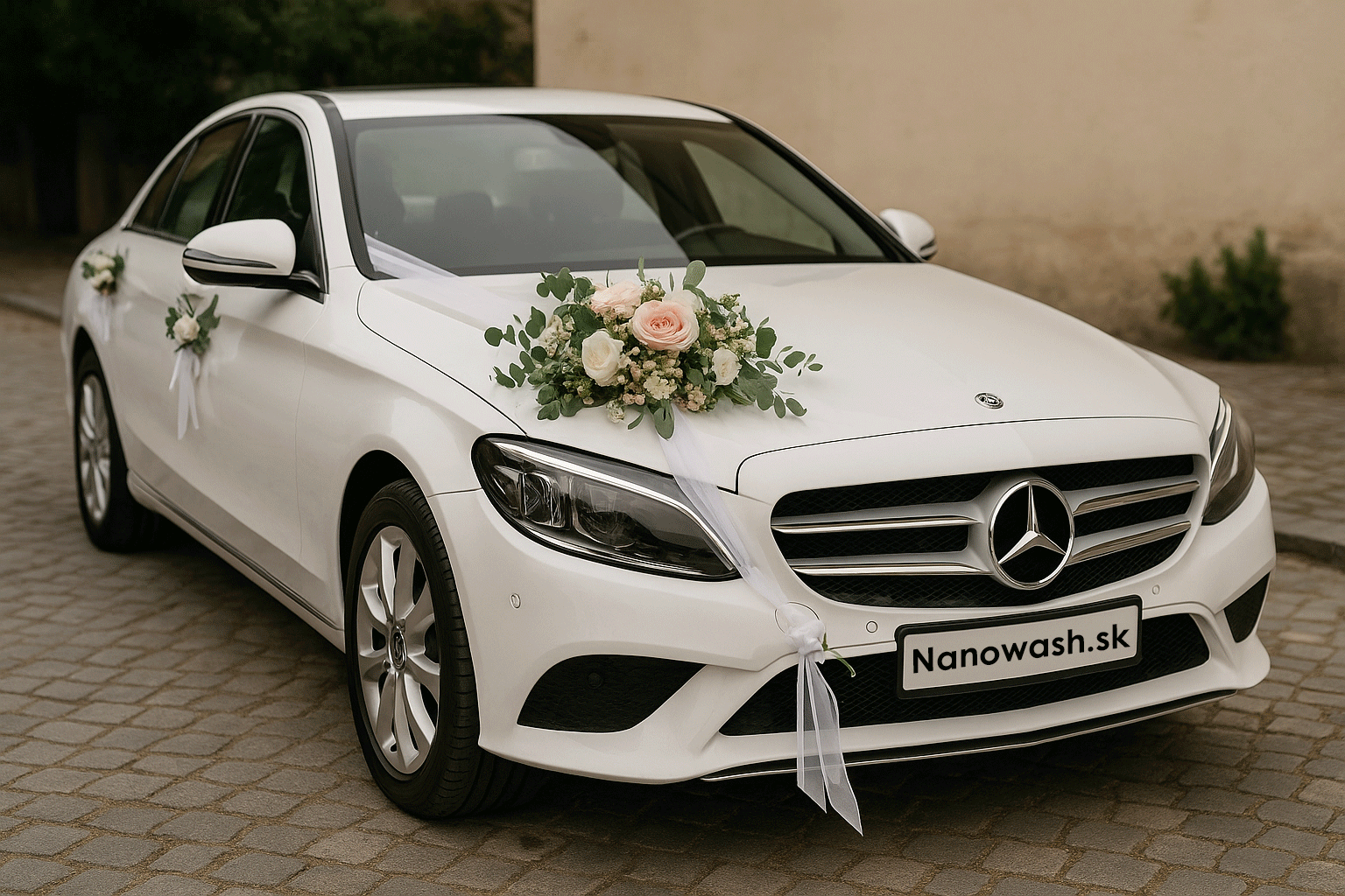Biely Mercedes-Benz ako svadobné auto s kvetinovou výzdobou, ekologicky pripravený pomocou bezvodového nanotechnologického čistenia NanoWash